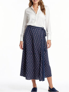 Octavia Navy Blue Leaf Print Wrap Skirt Small